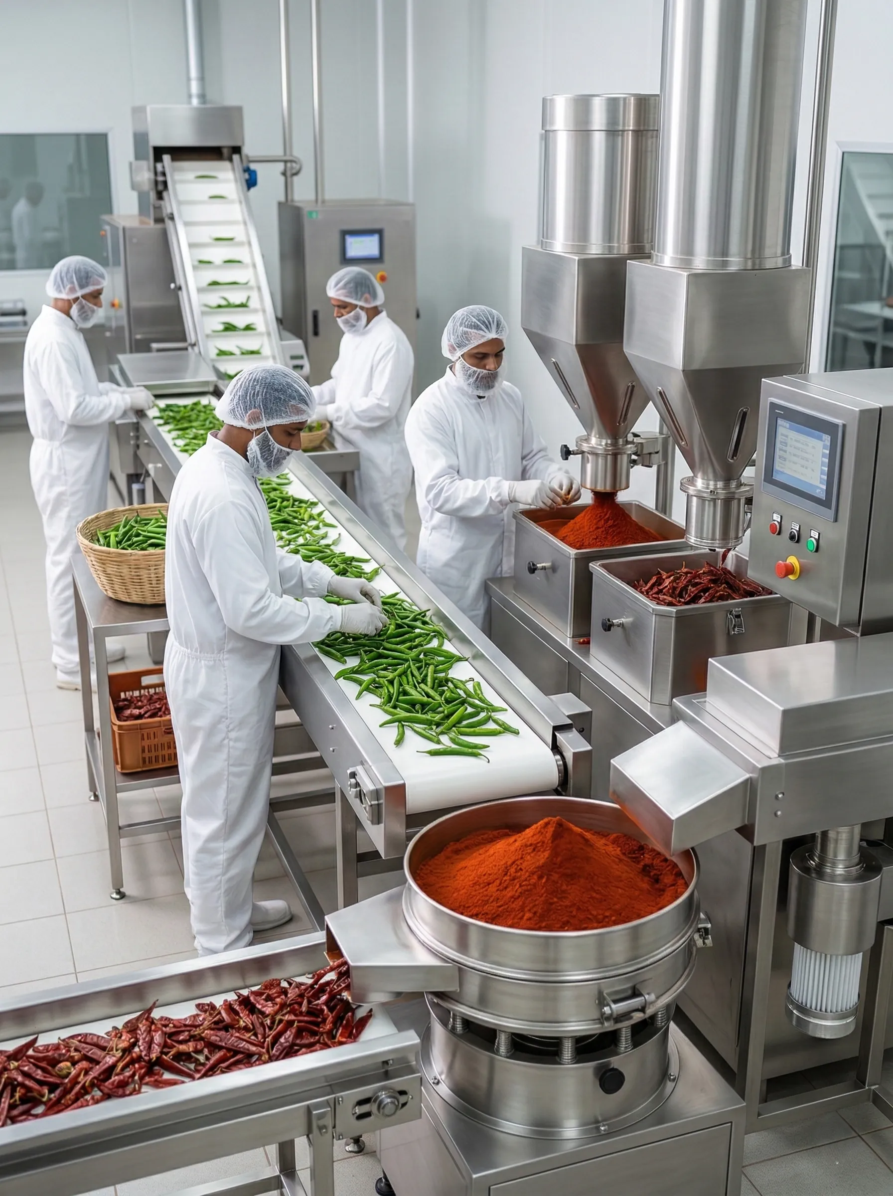 Hygienic spice processing line with stainless-steel equipment, workers in clean uniforms, precision workflow