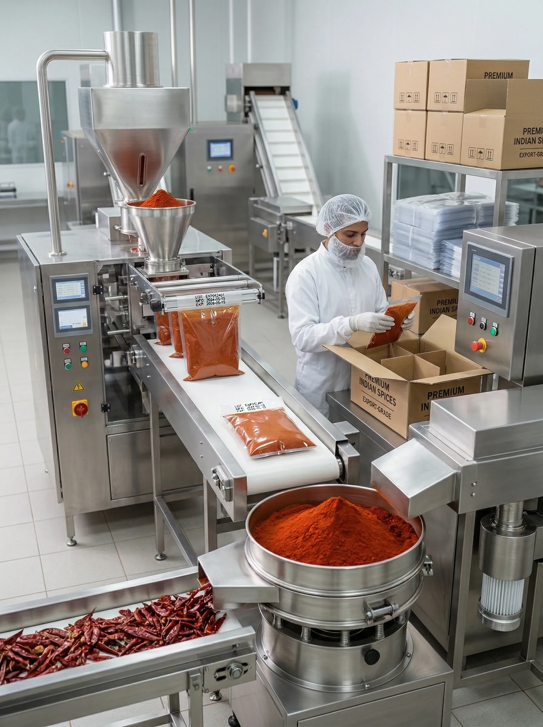Export-grade food packaging station with sealed pouches and lot coding visible, organized and clean